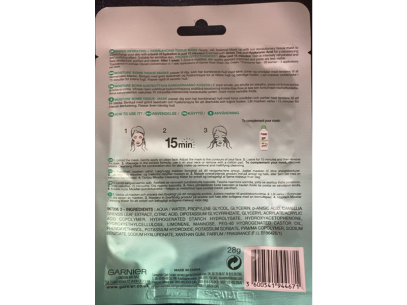 Garnier Skin Active Moisture Bomb Tissue Mask, Green Tea + Hyaluronic Acid, 28 g, 1 Count
