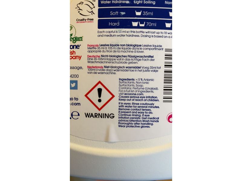 Ecozone Non-Bio Laundry Liquid, 1.5 L, 18 Count