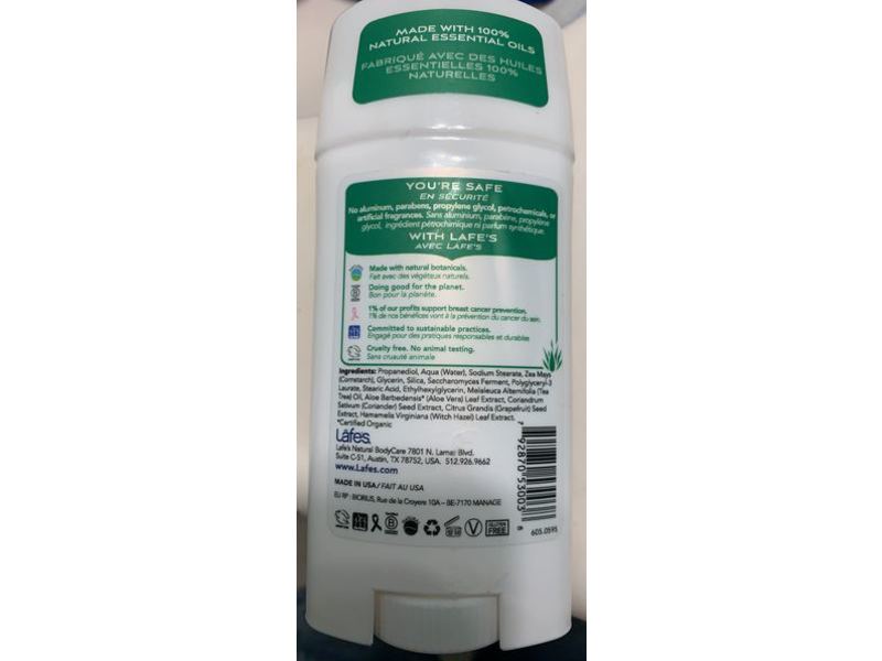 Lafes Extra Strength Deodorant Stick, Coriander & Tea Tree, 2.25 oz/64 g