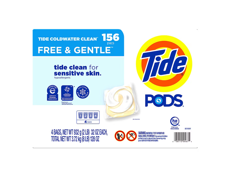 Tide Laundry Detergent Pods, Free & Gentle, 29 oz/826 g, 156 Pacs