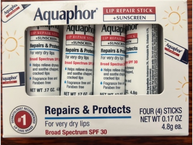 Aquaphor Sunscreen + Lip Repair Stick, SPF 30, 0.17 oz/4.8 g, Pack Of 4