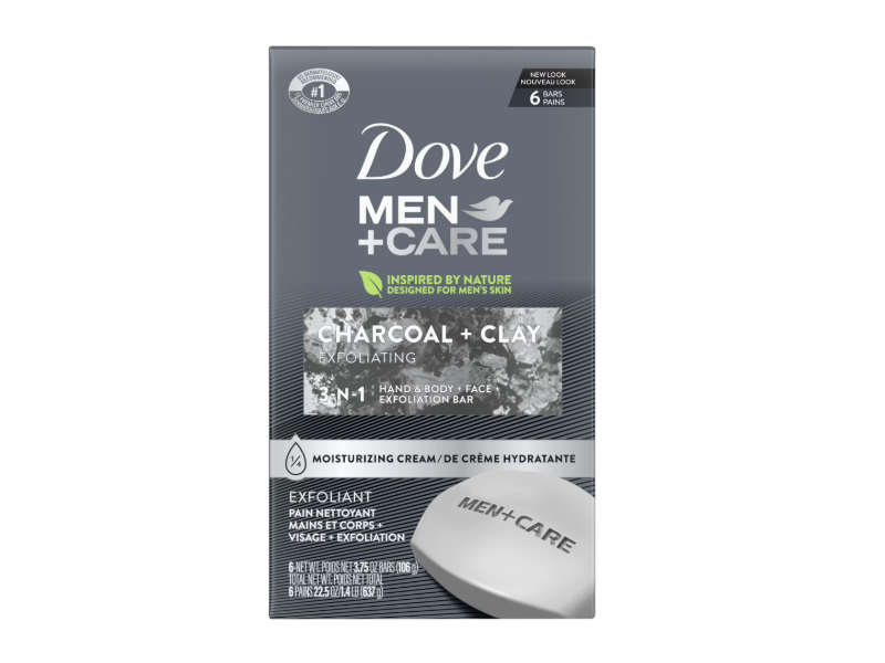 Dove Men+Care 3-In-1 Hand & Face + Exfoliating Bar, Charcoal + Clay, 3.75 oz/106 g, Pack Of 6