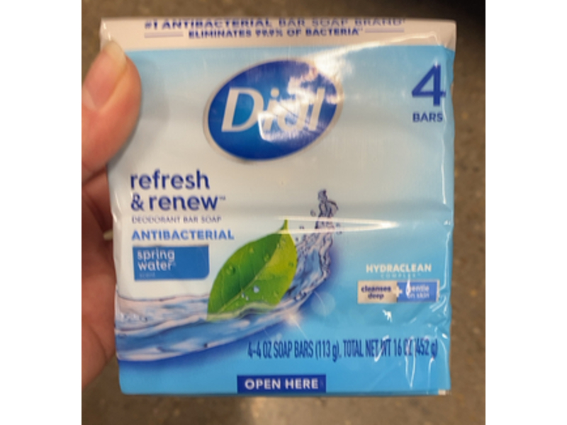 Dial Deodorant Antibacterial Bar Soap, Spring Water, 4 oz/113 g, 4 Count