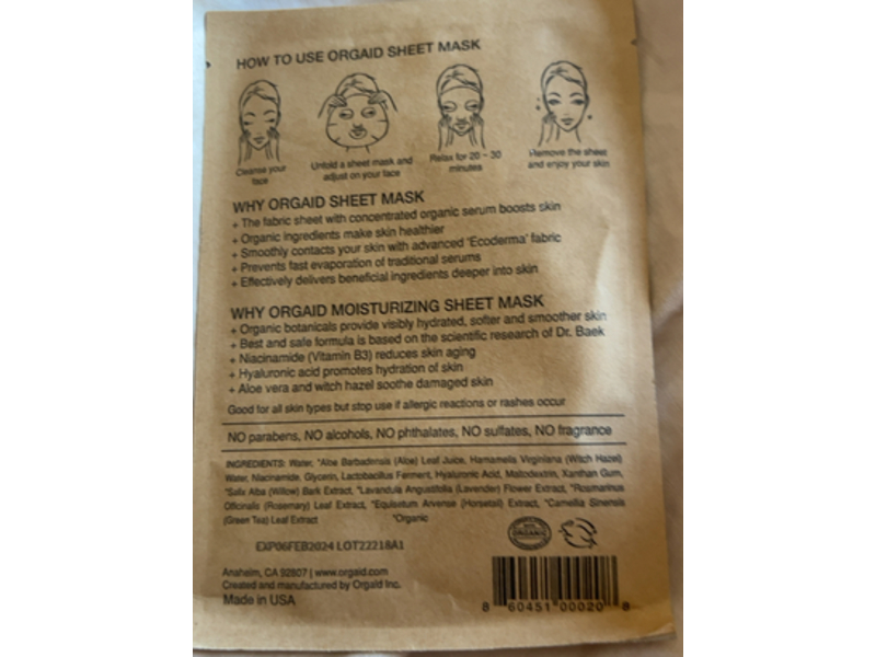 Orgaid Anti-Aging Moisturizing Sheet Mask, 0.8 fl oz/24 mL, Pack Of 4