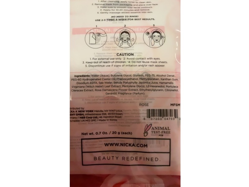 Nicka K Relaxing Facial Sheet Mask, Rose, 7 Sheets
