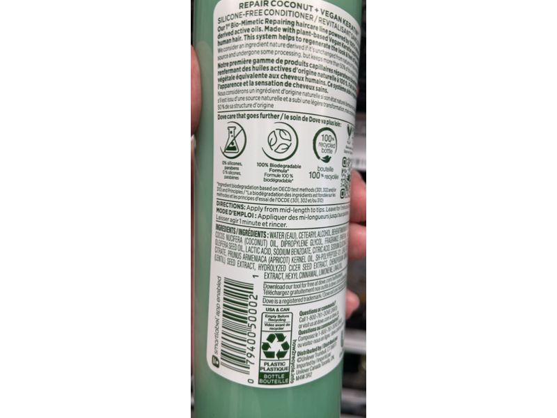 Dove Real Repair Silicone Free Conditioner, Coconut + Vegan Keratin, 10 fl oz/295 mL