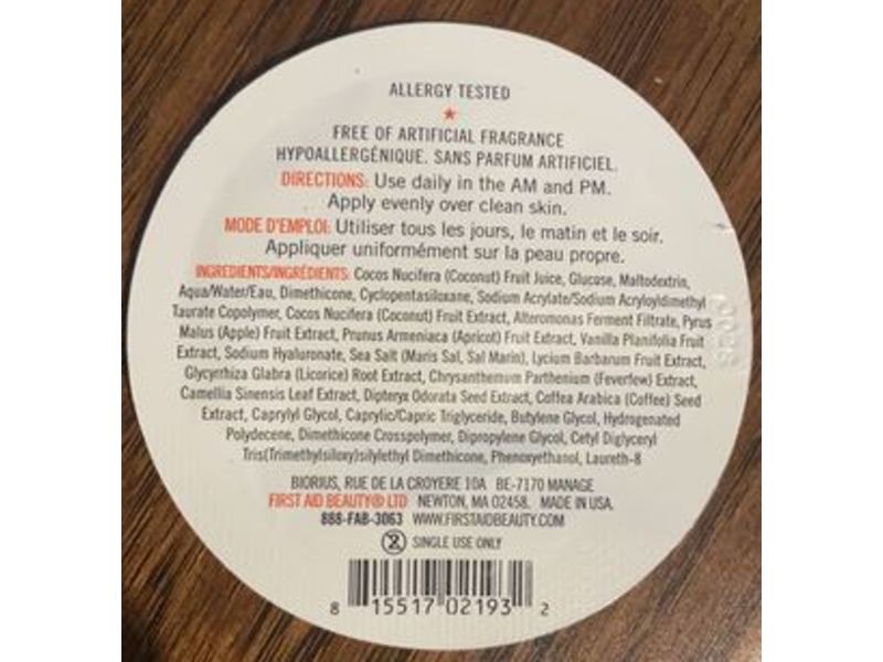 Fab First Aid Beauty Hello Fab Coconut Water Cream, 0.06 fl oz/2 mL