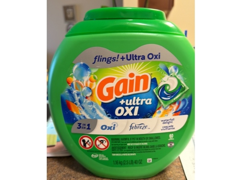 Gain +Ultra OXI Liquid Washing Detergent Pacs, Waterfall Delight, 40 oz/1.16 kg, 60 Count