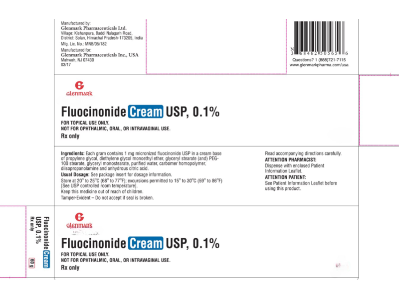 Fluocinonide Cream USP 0.1%, 60 g, Glenmark (RX)
