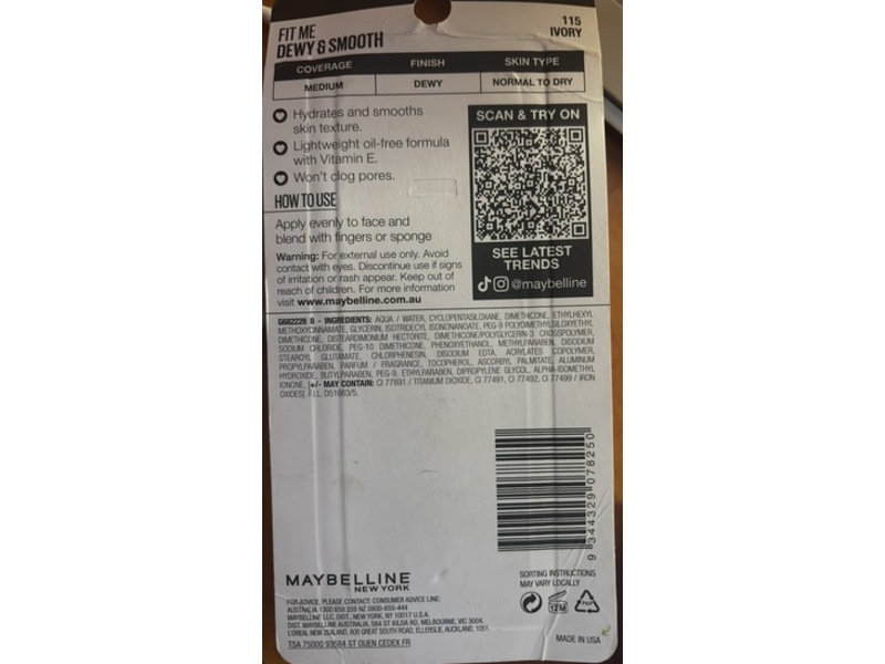 Maybelline New York Fit Me Dewy + Smooth Liquid Foundation, 115 Ivory, 1 fl oz/30 mL