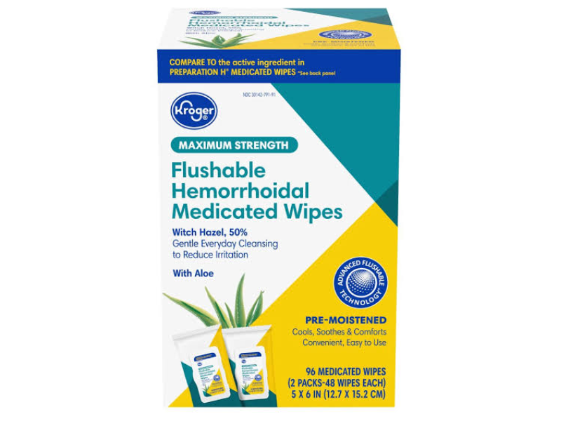 Kroger Flushable Hemorrhoidal Medicated Wipes, Witch Hazel & Aloe, 96 Count