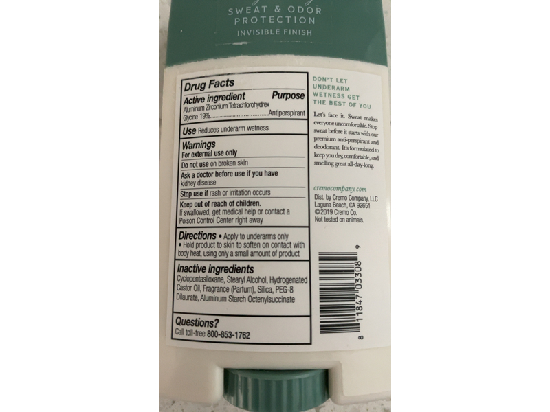 Cremo Anti Perspirant & Deodorant, No 10, Silver Water & Birch, 2.65 oz/75 g