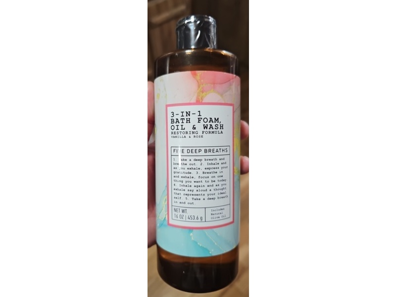 Five Deep Breaths 3-In-1 Bath Foam, Oil & Wash, Vanilla & Rose, 16 oz/453.6 g