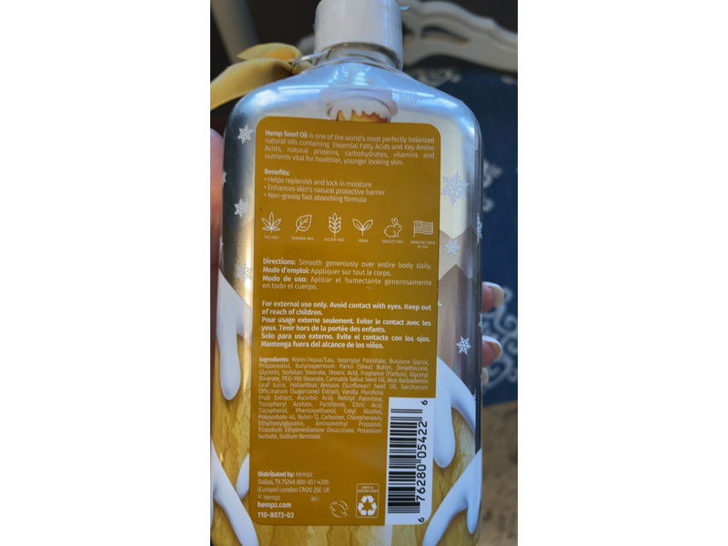 Hempz Herbal Body Moisturizer, Vanilla Frost Mountain, 17 fl oz/500 mL