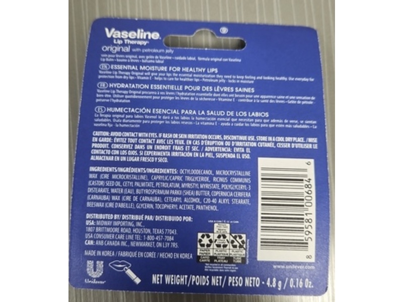 Vaseline Lip Therapy, Original, 0.16 oz/ 4.8 g, Pack Of 2