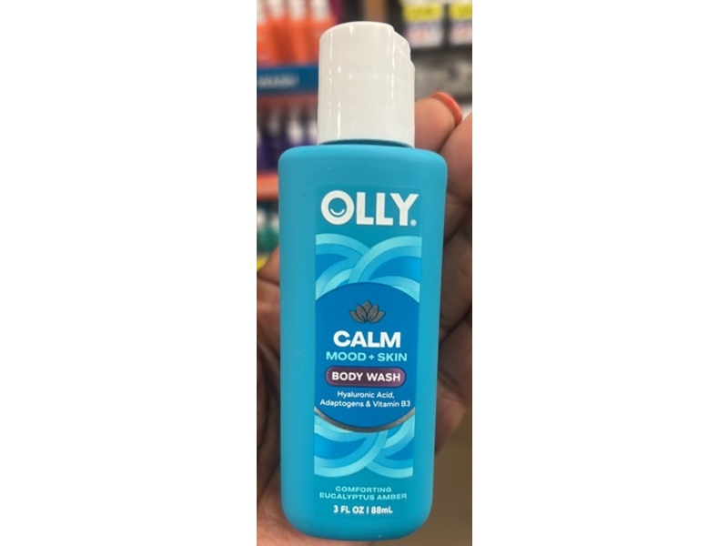 Olly Calm Mood + Skin Body Wash, Hyaluronic Acid, Adaptogens & Vitamin B3, Comforting Eucalyptus Amber, 3 fl oz/88 mL