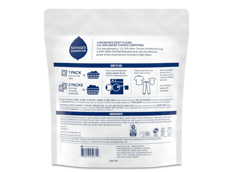 Seventh Generation Laundry Detergent Packs, Free & Clear, 64 Packs