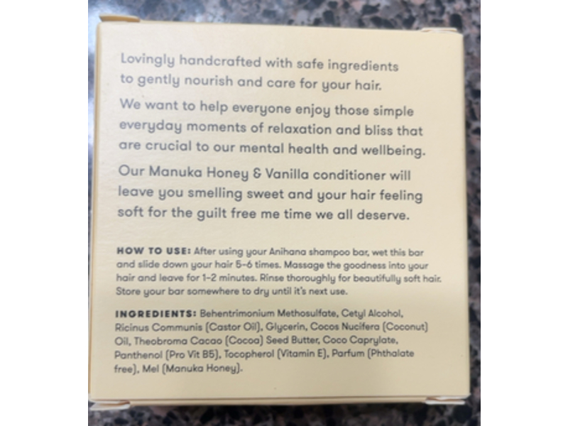 Anihana Conditioner Bar, Manuka Honey and Vanilla, 2.1 oz/ 60 g