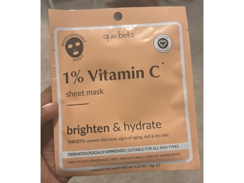 Que Bella 1% Vitamin C Sheet Mask, 0.63 oz/18 g