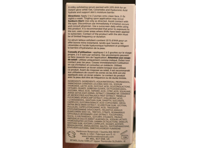 Herbivore Milky Way 10% AHA + Oat Soothing Exfoliating Serum, 1 fl oz/30 mL
