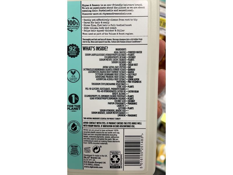 Rhyme & Reason Shampoo, Volume & Boost, 13 fl oz/385 mL