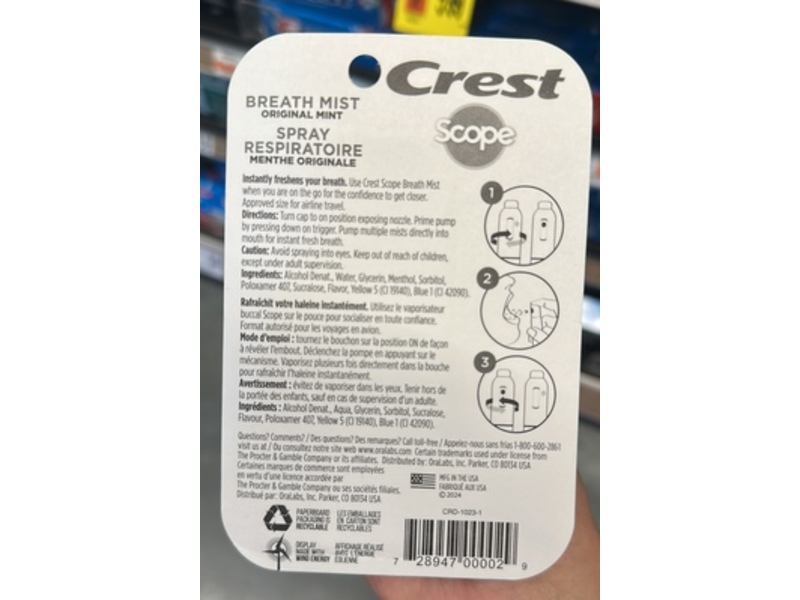 Crest Scope Breath Mist, Original Mint, 0.24 fl oz/7 mL, Pack Of 2