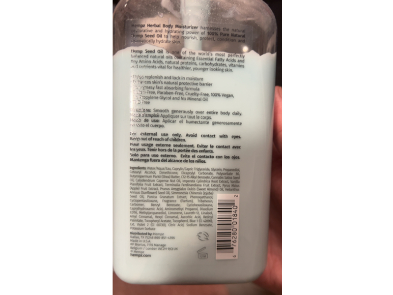 Hempz Triple Moisture Herbal Whipped Body Creme, Hemp Seed Oil, 17 fl oz/500 mL