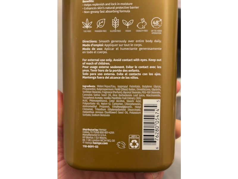 Hempz Vanilla Lux Herbal Body Moisturizer, Niacinamide, 17 fl oz/500 mL