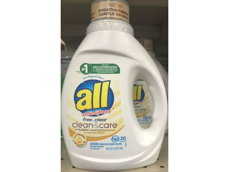 All With Stainlifters Clean & Care Liquid Laundry Detergent, Free Clear, 20 Loads, 36 fl oz/1.06 L
