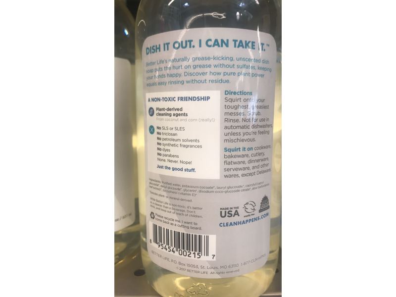 Better Life Dish Soap, Unscented, 22 oz/651 ml