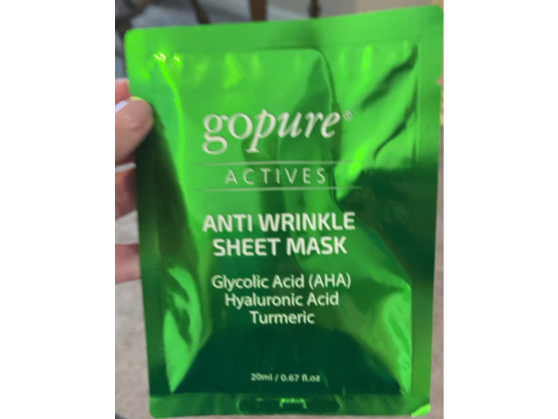 Gopure Actives Anti Wrinkle Sheet Mask, Glycolic Acid, Hyaluronic Acid, Turmeric, 0.67 fl oz/200 mL, Pack Of 4
