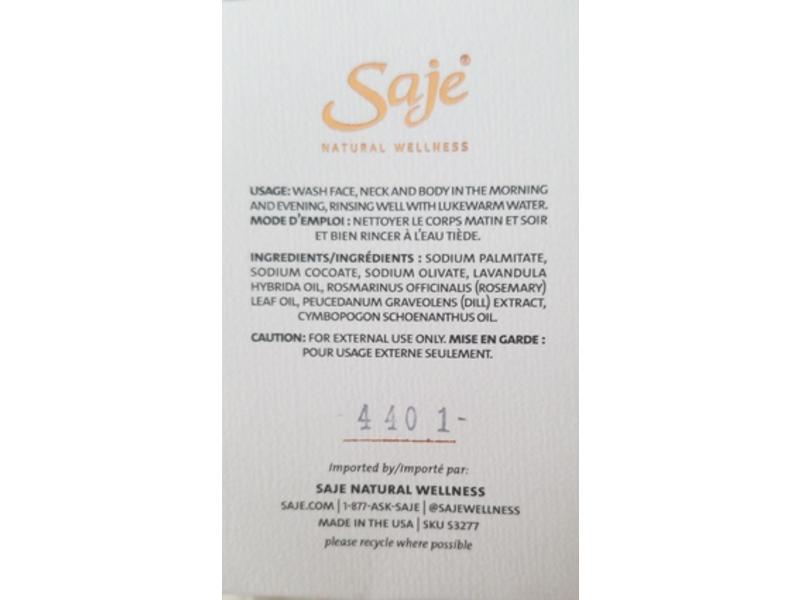 Saje Gentle Cleansing Bar, Eczema Ease, 3.5 oz/100 g