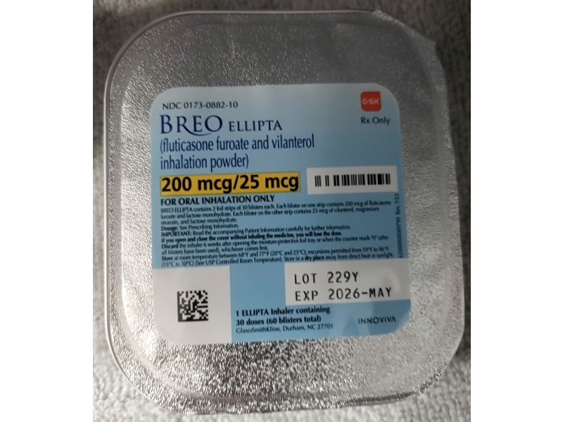 Breo Ellipta (fluticasone furoate and vilanterol) Inhalation Powder, 200 mcg/25 mcg, 60 blisters, GlaxoSmithKline (Rx)