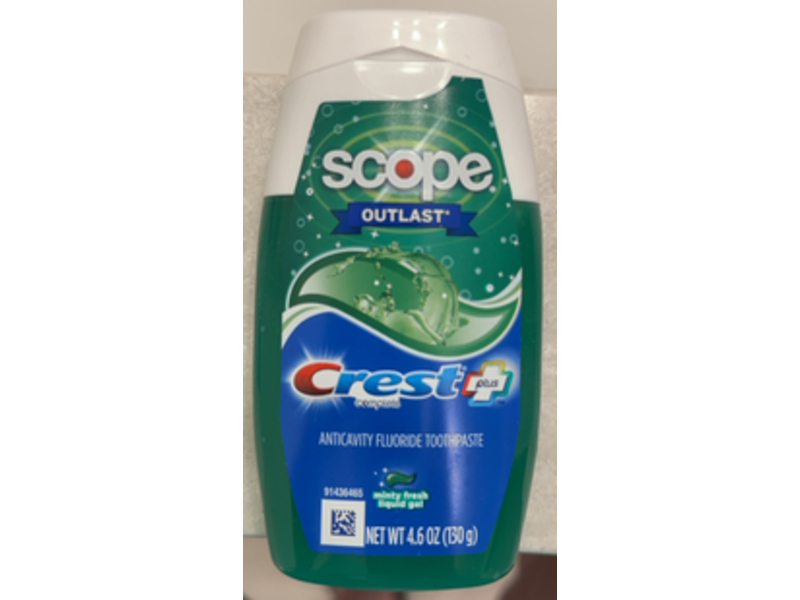 Crest Complete Plus Scope Outlast Anticavity Fluoride Toothpaste, Minty Fresh Liquid Gel, 4.6 oz/130 g, Pack Of 2