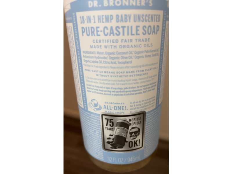 Dr.Bronner's 18-In-1 Hemp Baby Pure-Castile Soap, Organic Oils, 32 fl oz/946 mL, Pack Of 2
