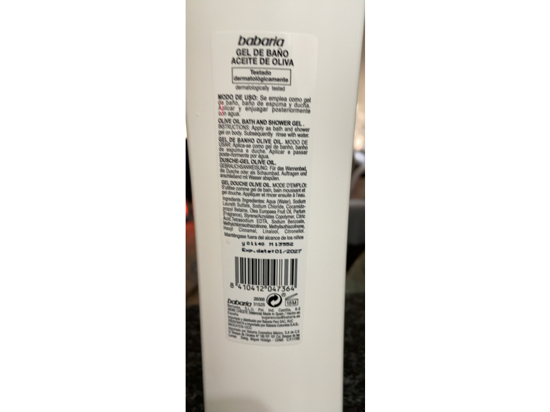 Babaria Bath & Shower Gel, Olive Oil, 20 fl oz/600 mL