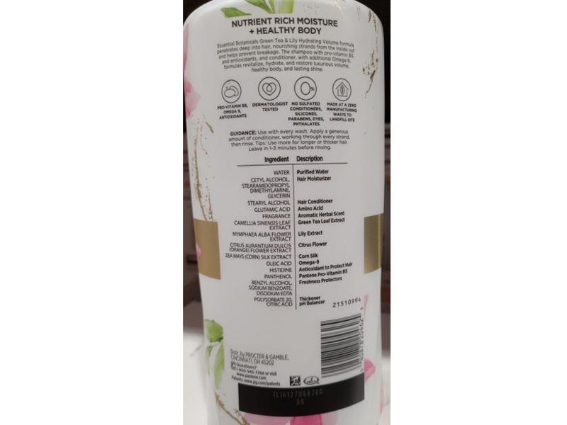 Pantene Hydrating Volume Conditioner, Green Tea & Lily, 38.2 fl oz/1.13 L