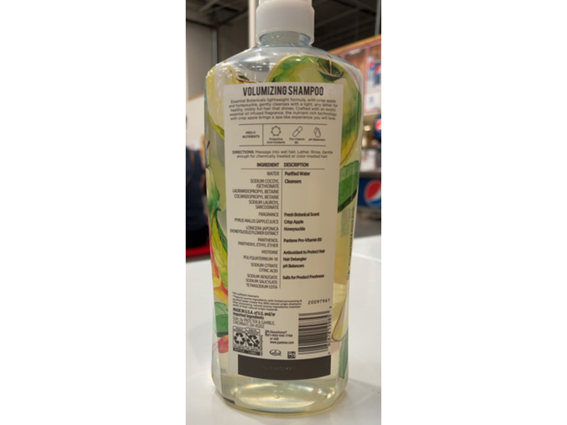 Pantene Essential Botanicals Volumizing Shampoo, Crisp Apple & Honeysuckle, 38.2 fl oz/1.13 L