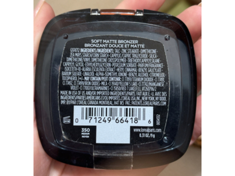 L'Oreal Paris Infallible Fresh Wear Soft Matte Finish Bronzer Bronzante, 350 Medium Moyen, 0.31 oz/9 g