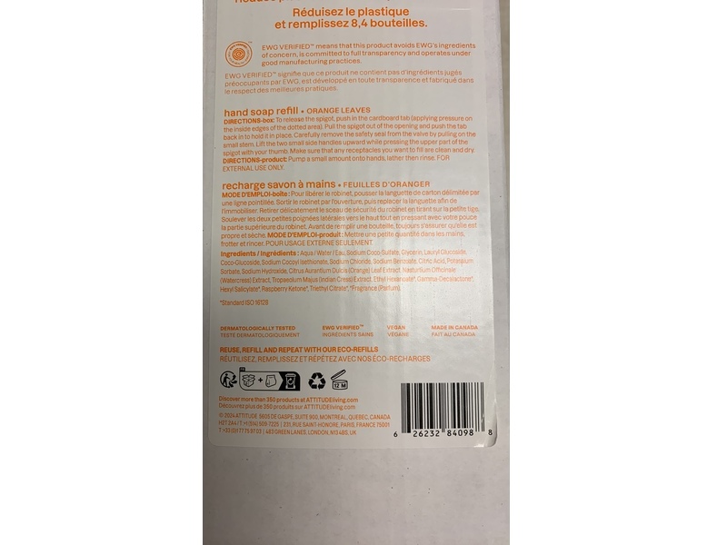 Attitude Super Leaves Refill Recharge Liquid Hand Soap, Orange Leaves, 135.3 fl oz/4 L