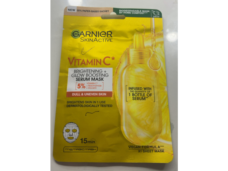 Garnier Skin Active Brightening + Glow Boosting Serum Mask, Vitamin C + Niacinamide & Glycerin, 28 g