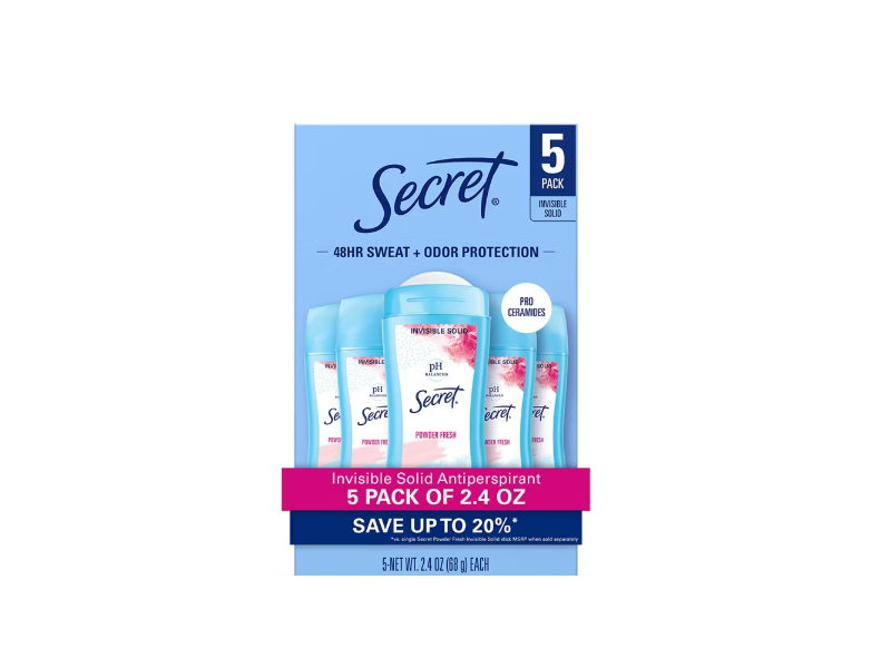 Secret Invisible Solid Antiperspirant, Powder Fresh, 2.4 oz/68 g, Pack Of 5