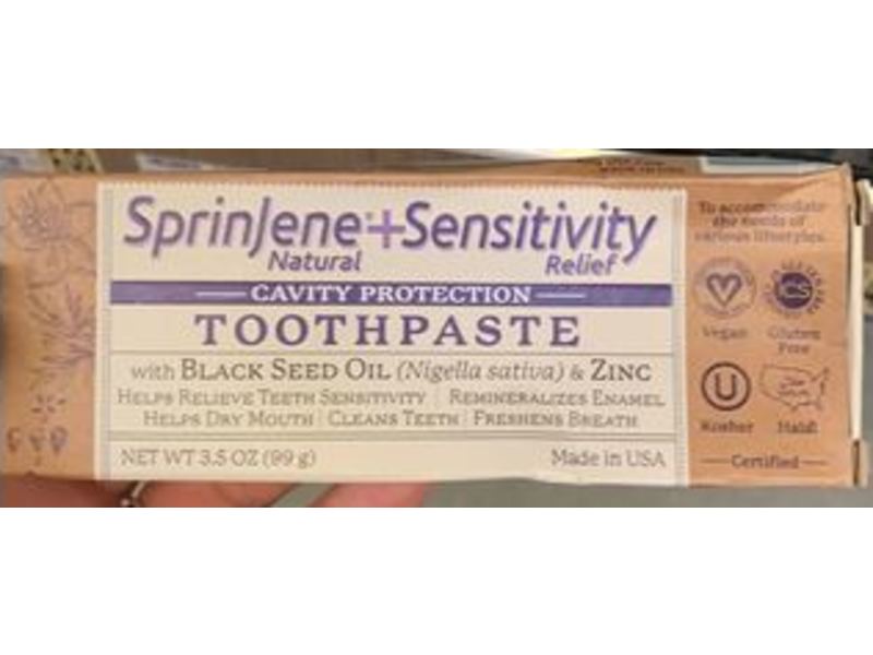 Sprinjene + Sensitivity Natural Relief Cavity Protection Toothpaste with Black Seed Oil, 3.5 oz/99 g