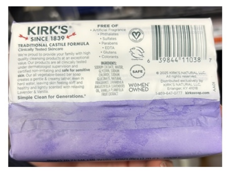 Kirk's Gentle Castile Soap, Lavender & Vanilla, 4.0 oz/113 g, Pack Of 3