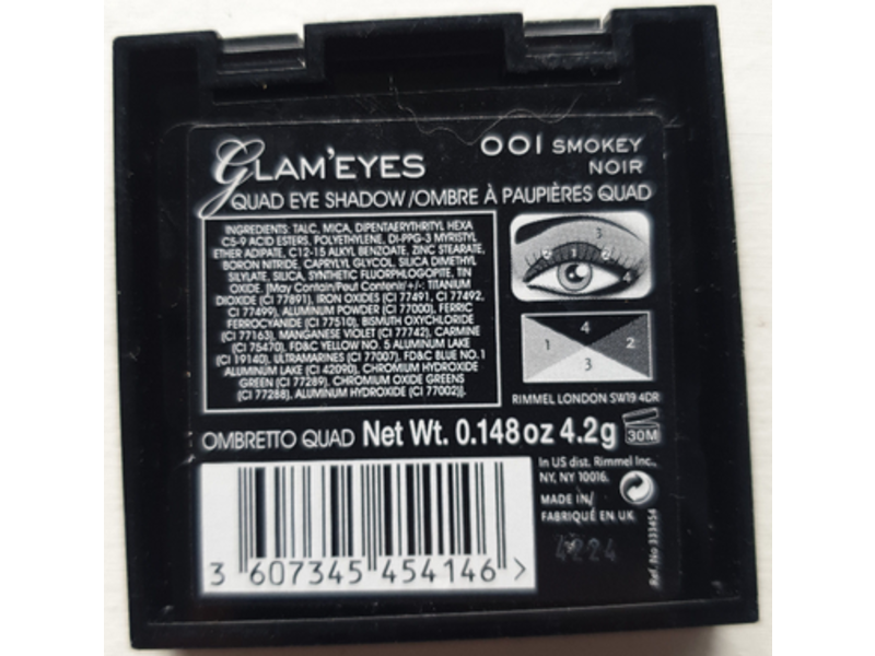 Rimmel London Glam Eyes Quad Eyeshadow, 001 Smokey Noir, 0.148 oz/4.2 g