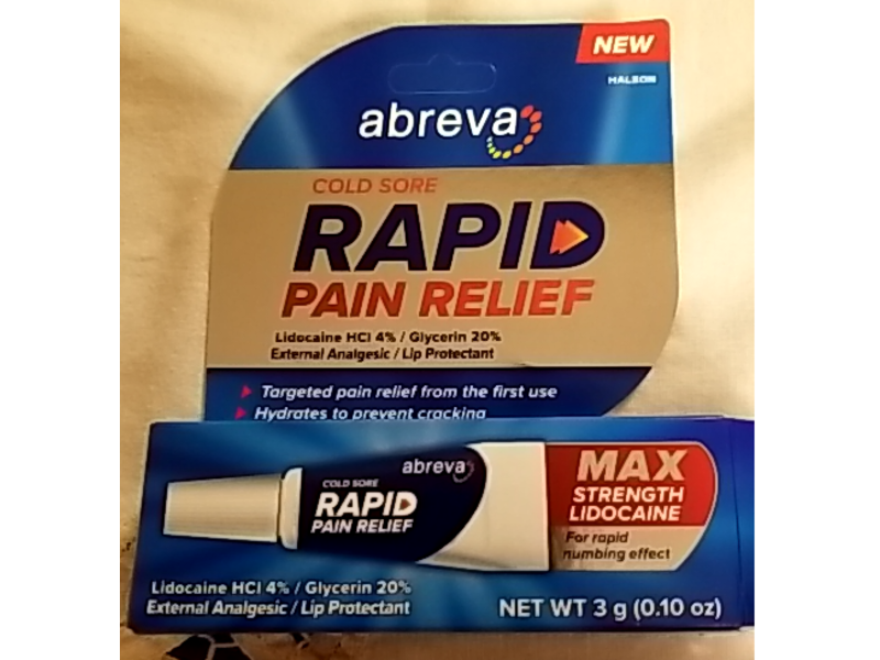 Abreva Cold Sore Rapid Relief External Analgesic / Lip Protectant, Max Strength Lidocaine, 0.10 oz/3 g