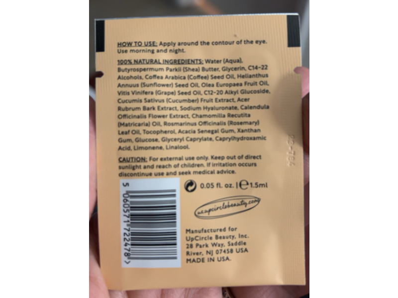 Upcircle Eye Cream, Cucumber + Hyaluronic Acid & Coffee, 0.05 fl oz/1.5 mL