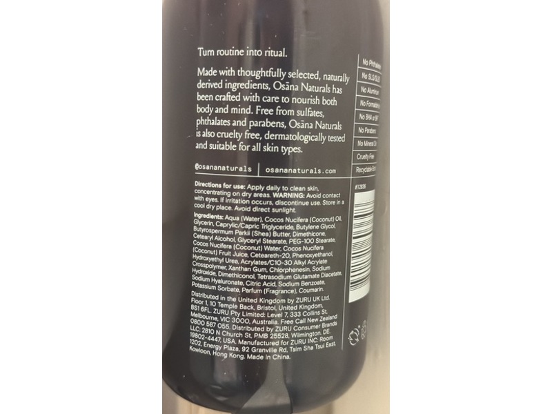 Osana Body Lotion, Vanilla + Coconut, 15 fl oz/444 mL, Pack Of 2