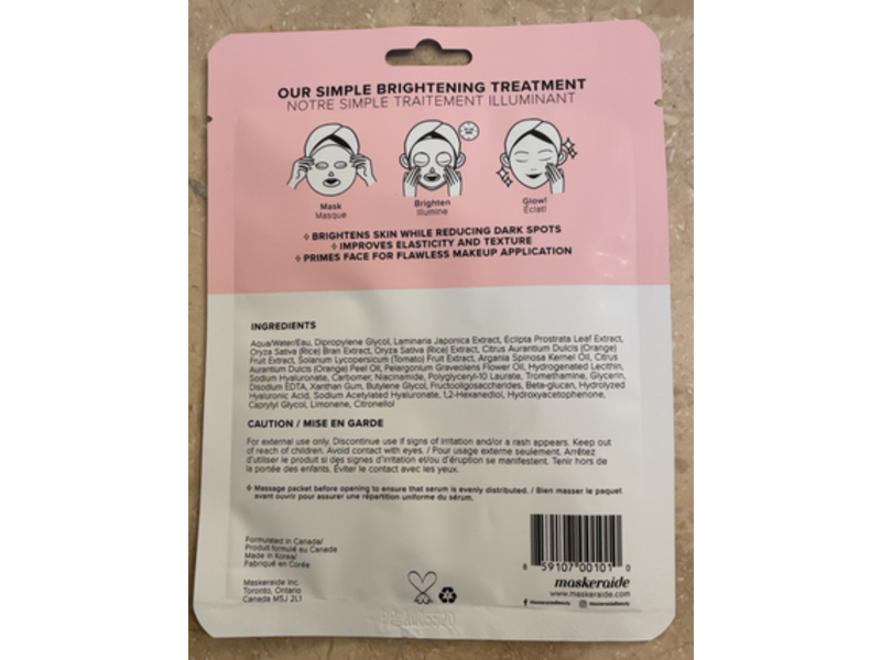 Maskeraide Brightening Sheet Mask, Orange Peel Oil + Rice Extract + Tomato, 0.9 oz/25 g, 1 Count