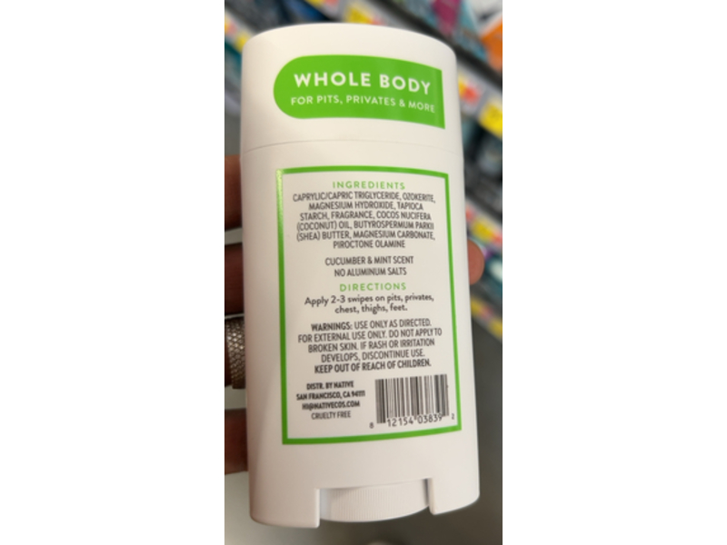 Native Whole Body Deodorant, Cucumber & Mint, 2.3 oz/65 g